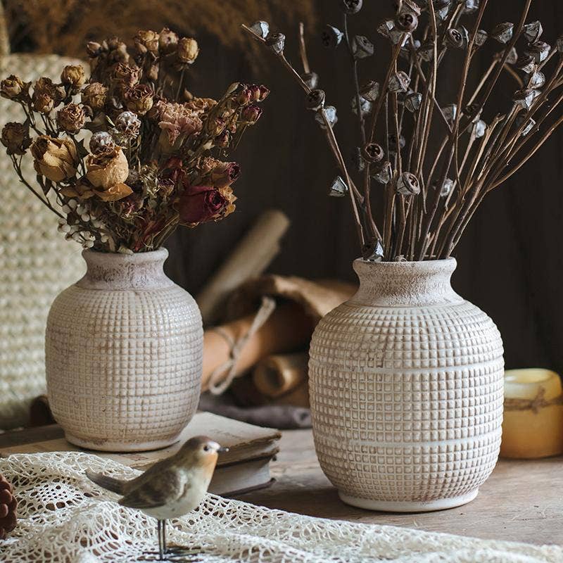 White Textured Porcelain Ceramic Jar Vase - HER Home Design Boutique